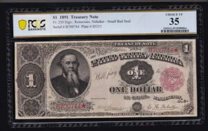 US 1891 $1 Treasury Plain Back Note FR 350 PCGS 35 Ch VF (744)