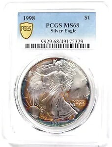 1998 シルバーイーグル ゴージャスモンスター レインボーブルー/オレンジ調色! PCGS MS68 PC1718