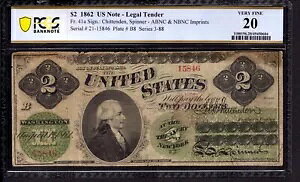 1862 年 $2 法定通貨紙幣 FR.41a チッテンデン スピナー PCGS B VF 20