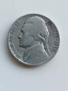 1939 年ジェファーソン ニッケル、造幣局マークなし、5 セント硬貨