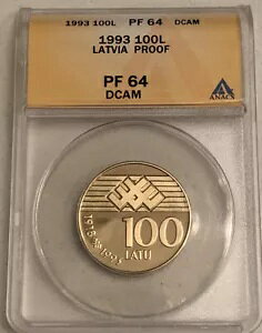 1993 ラトビア 100L 金貨 ANACS グレード PF64 100 ラタ PF 64 DCAM 1918-1993 75th
