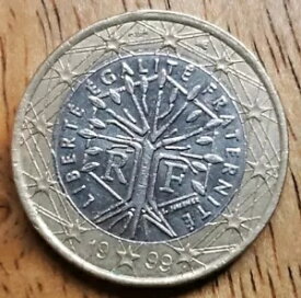 珍しいフランスの 1 ユーロ硬貨 | 1999 RF |ミントエラー |リベルテ・エガリテ・フラテルニテ