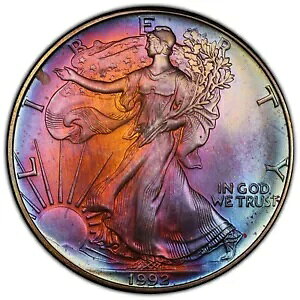 1992 アメリカン シルバー イーグル - PCGS MS69 素晴らしい両面レインボー トナー!