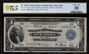 1918 �N 1 �h���A�M������s���j���[���[�N FR-713* - �X�^�[���� - PCGS 30 �R�����g