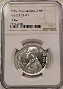 モナコ、1945 (Ag)、20 フラン、エッサイ (KM E21)、レア パターン コイン、造幣局 200 個