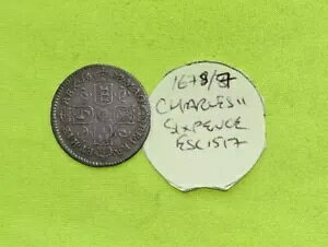 1678 VF+ �V���o�[ SIXPENCE 6d �R�C�� �L���O �`���[���Y II 1660 - 1685 (3.99 �O����) ESC1517