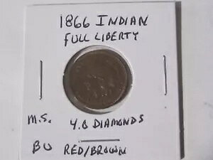 1866 インディアン ヘッド セント、BU 未流通、レッド/ブラウン、フル リバティ、ダイヤモンド 4 個