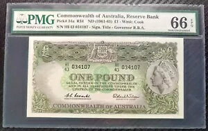PMG 66 オーストラリア 1961-1965 紙幣 1 ドル ピック #34a