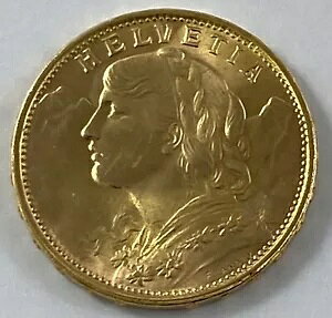 1947 B、スイス ヘルベティア 20 金フラン、未流通金貨