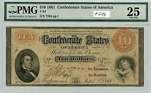 $10 1861 CSA T-24 (#646) PMG VF25 ȉBɊ󏭂ȃm[gB