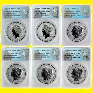 2022 MORGAN & Peace Dollar 6�R�C���Z�b�g Anacs RV PF 70 �t�@�[�X�g�X�g���C�N