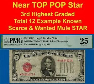 1928B $5 �@��ʉ� PMG 25 ���A PMG �O���[�h 12 US �m�[�g ���o �X�^�[ Fr 1527-m*