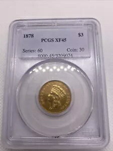 1878 $3 PCGS XF45 �S�[���h �C���f�B�A�� �v�����Z�X �w�b�h 3 �h���A�Â� PCGS �X���u �O���[�g