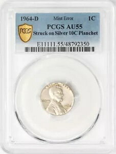 1964-D 1c �~���g �G���[�� 10c �v�����V�F AU55 �Z�L���A PCGS 945593-1 �ɔ���