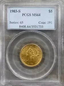 1903 S US �č����o�e�B�w�b�h 5 �h������ PCGS MS64 �� !!! 90%
