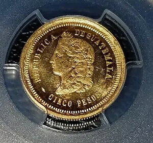 1874-P グアテマラ 5 ペソ |ゴールドコイン | PCGS MS62 |魅力的