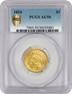 1854 $3 �C���f�B�A�� �v�����Z�X �w�b�h 3 �h�� �S�[���h PCGS �Z�L���A �S�[���h �V�[���h AU50 �R�C��