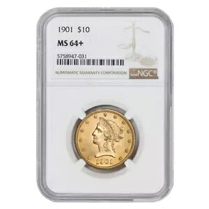 1901 $10 �S�[���h ���o�e�B �w�b�h �C�[�O�� NGC MS64+ �O���[�h����̂��� .900 �㎿�R�C��