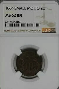 1864 .02 NGC MS 62BN SMALL MOTTO 2 �Z���g �s�[�X�A2c�A�V�[���h �R�C���A1800 �N��̃R�C��