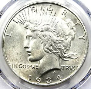 1934-S Peace Silver Dollar $1 コイン - 認定 PCGS 未流通ディテール (UNC MS)