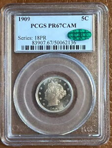 1909 P プルーフ リバティ "V" ニッケル 5C PCGS & CAC PR67 CAM - カメオ、グリーン ステッカー!