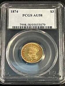 1874 P �S�[���h 3 �h�� $3 �C���f�B�A�� �v�����Z�X �w�b�h PCGS AU-58