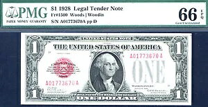 1928 �N�A$1 FR 1500 Small Size US Note - ���̃O���[�h�ł� PCGS 65 PPQ-62