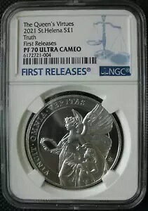 �Z���g�w���i 1 �|���h 2021 �V���o�[ �v���[�t �R�C�� The Queen's Virtues-Truth NGC PF70 FR