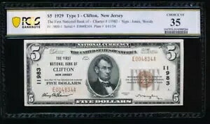 AC 1929 $5 First National Bank of Clifton, New Jersey Ch #11983 PCGS 35