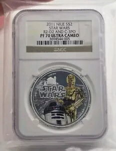 2011 スター ウォーズ R2-D2 & C-3PO ニウエ S$2 NGC PF70 色付きプルーフ シール バッグ