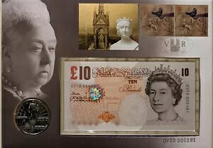 2001 - ビクトリア女王 100 周年記念デブデン セット、ロウザー 10 ポンド紙幣と 5 ポンド硬貨付き。