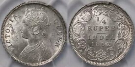 PCGS グレード MS62 インド イギリス 1862(C) 1/4 ルピー未流通銀貨