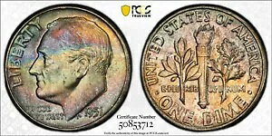 MS65FB 1951 10C ルーズベルト シルバー ダイム、PCGS Trueview- レインボー アルバム トーン