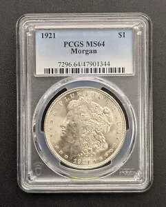 1921 P PCGS MS64 ���[�K�� �V���o�[ �_���[ $1 �č������ǃR�C�� �u���X�g �z���C�g