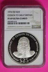 1974 PF 69 フィジー $25 トップ ポップ イギリスへの譲渡 .925 銀貨 NGC OCE 96
