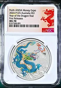 2024 �V���o�[���N�h���S�� �e�B�[�� NGC MS 70 1oz $1 ANDA PERTH MONEY EXPO