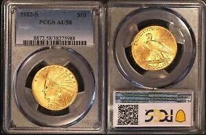 1912-S G$10- PCGS AU58-�I���W�i�� �T�[�t�F�X & �J���[-���o�e�B �w�b�h �C�[�O��