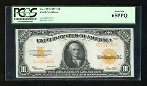 1922 $10 �S�[���h�ؖ��� FR 1173 ���S���������肵�������F PCGS GEM NEW 65 PPQ