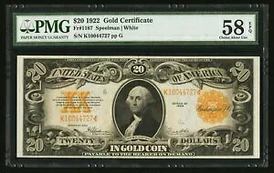 1922 �N $20 �S�[���h�ؖ����A�N�₩�ȐF�APMG 58 EPQ PCGS 58 PPQ�AFr # 1187