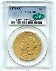 1876-CC $20 リバティ ゴールド ダブル イーグル、PCGS VG-10 CAC、非常に魅力的で素敵です。