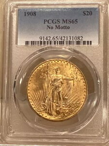 1908 �N $20 �S�[���h �Z���g �S�[�f�� �_�u�� �C�[�O�� ���b�g�[�Ȃ� PCGS MS 65 (���b�N�X 65+)