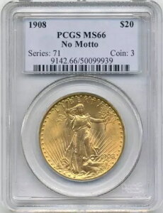 1908N $20 US No Motto St. Gaudens _uC[O - PCGS MS66