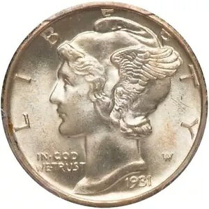 1931-D PCGS MS67FB 4 番目に低い鋳造品 マーキュリー ダイム シルバー 10C