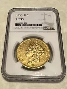 1852 AU53 NGC ダブル イーグル タイプ 1 $20 ゴールド コイン 魅力的 光沢あり (PCGS なし)