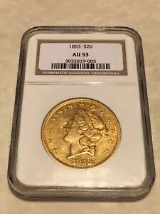 1853 AU53 NGC リバティ ダブル イーグル 20 ドル金貨 PQ グレート アピール (PCGS なし)