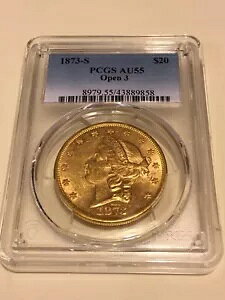1873-S オープン 3 AU55 PCGS リバティ ダブルイーグル 20 ドル金貨 魅力大 光沢あり