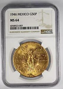 1946 メキシコ 50 ペソ ゴールド NGC MS64 素敵な明るいコイン スポットなし オリジナルの表面!
