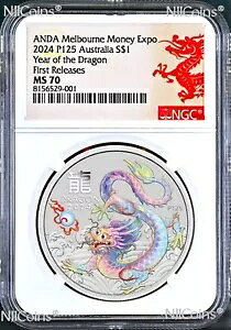 2024 �V���o�[���N�h���S�� �z���C�g NGC MS70 1oz $1 Melbourne Money Expo V1