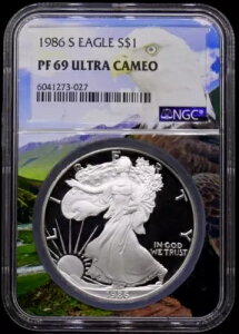 1986-S $1 �V���o�[ �C�[�O�� NGC PF69 �E���g�� �J���I �A�����J�� �h�� �R�C�� PR UCAM �v���[�t