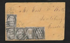 スコット73、1863年のニューヨークからカナダ西部までの5枚の重複単発列車